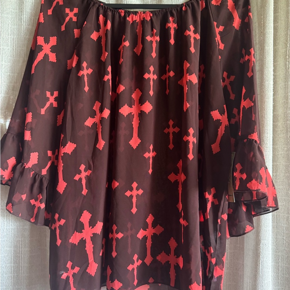 Red Cross Print Off-Shoulder Blouse